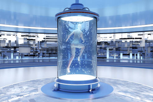 3D rendered Illustration of gynoid being created in regeneration tank at illuminated laboratory - SPCF01017