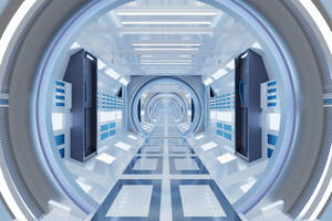 3D gerendert Illustration der beleuchteten futuristischen Raumschiff Korridor - SPCF01018