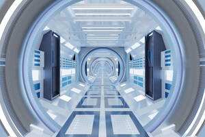 3D rendered Illustration of illuminated futuristic spaceship corridor - SPCF01018