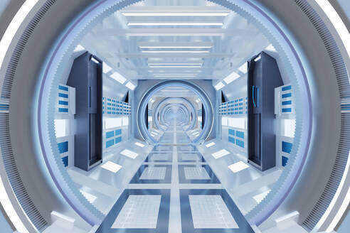 3D rendered Illustration of illuminated futuristic spaceship corridor - SPCF01018