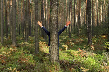 Reife Frau mit ausgestreckten Armen hinter einem Baumstamm im Wald im Herbst stehend - JTF01657
