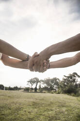 Couple holding hands against clears sky at public park - AJOF00142