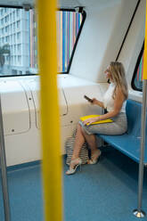 Blond female commuter holding smart phone while looking through window in train - MAUF03554