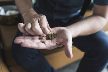 Mann mit Marihuana in der Hand, während er zu Hause sitzt - DSIF00175