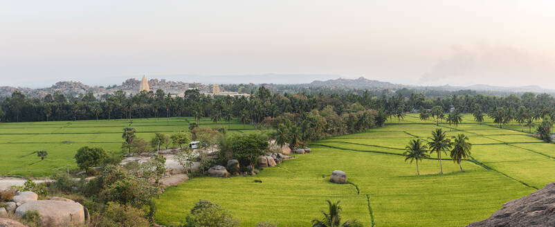 India, Karnataka, Hampi, Panorama of green vast rice paddies at dusk - JMPF00429