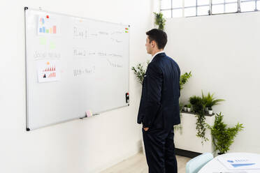 Junger männlicher Unternehmer, der eine Strategie auf einem Whiteboard im Büro betrachtet - GIOF09096