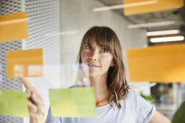 Mature woman pointing sticky notes stick on glass material - FMKF06515