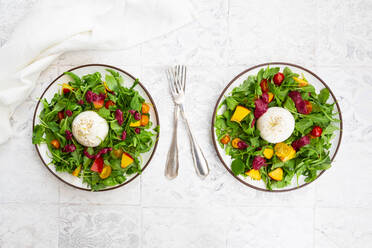 Zwei Teller mit vegetarischem Salat mit Obst, Gemüse und Burrata-Käse - LVF09030