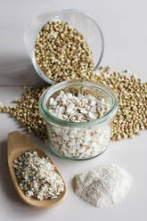 Studio shot of buckwheat grains, pops, flakes and flour - EVGF03834