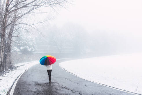 Rückenansicht einer anonymen Person unter einem bunten Regenschirm, die an einem verschneiten Tag in den Pyrenäen eine Straße im Winterpark entlangläuft - ADSF16608