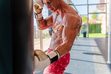 Konzentrierter männlicher Boxer mit nacktem Oberkörper und in Handschuhen trainiert mit einem Boxsack während des Trainings im Fitnessstudio - ADSF16639