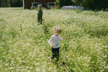 Daughter and mother spending leisure time on meadow during sunny day - PSIF00399