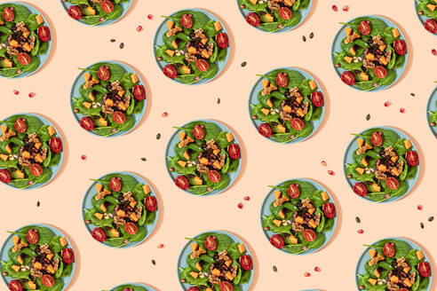 Pattern of plates of fresh ready-to-eat vegan salad - GEMF04244