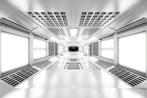 3D gerendert Illustration der leeren beleuchteten weißen Raumschiff Korridor - SPCF01035
