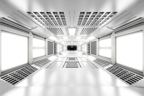 3D rendered illustration of empty illuminated white spaceship corridor - SPCF01035