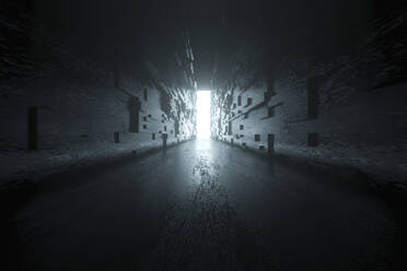 3D rendered illustration of glowing exit at the end in dark corridor - SPCF01040