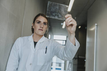 Scientist examining human brain glass sample while standing at clinic corridor - MFF06323