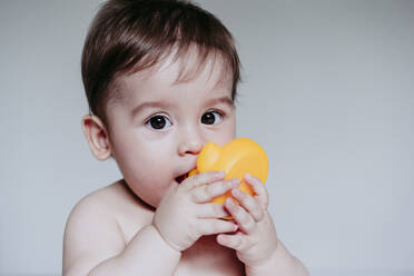Niedlicher kleiner Junge, der sein Spielzeug in den Mund nimmt, während er zu Hause sitzt - EBBF00903