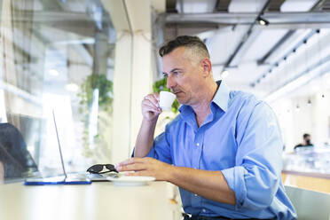 Männlicher Unternehmer, der in einem Café Kaffee trinkt und auf seinen Laptop schaut - WPEF03436