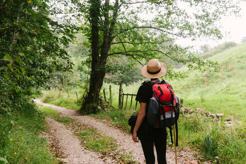 Rückenansicht eines nicht erkennbaren Touristen mit Rucksack und Hut, der auf einem Waldweg steht und wegschaut - ADSF16824