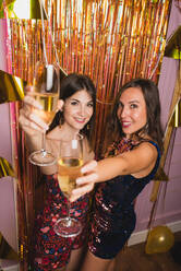 Fröhliche junge Freundinnen in stilvollen festlichen Kleidern, die mit Gläsern Champagner jubeln und in die Kamera schauen, während sie eine Silvesterparty genießen - ADSF16904