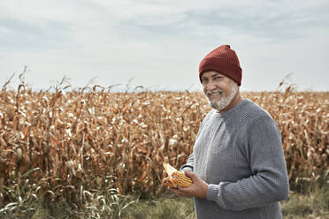 Lächelnder Bauer, der Mais hält, während er auf einer Maisfarm steht - ZEDF03989