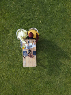 Aerial view of man and woman working together on laptop at coffee table set on green lawn - KNTF05809