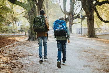 Brüder gehen mit Rucksack in einem öffentlichen Park an einem sonnigen Tag - MFF06442