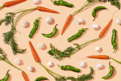 Studio shot of fresh green chili peppers, carrots and mushrooms - GEMF04251