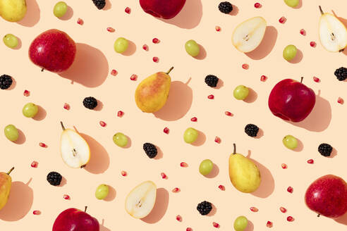 Muster aus frischen Äpfeln, Birnen, Weintrauben, Brombeeren und Granatapfelkernen - GEMF04257