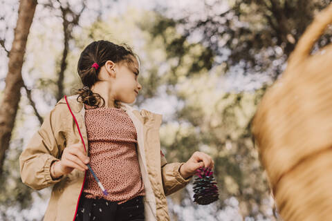 Girl holding paintbrush and pine cone while looking away at park stock photo