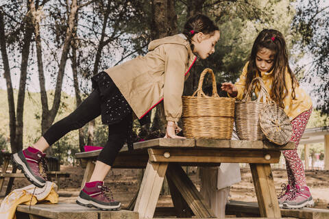 Sisters with wicker baskets at picnic table in park stock photo