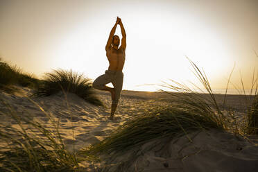 Shirtless Mann übt Baum Pose inmitten von Pflanzen am Strand gegen klaren Himmel bei Sonnenuntergang - UUF21795