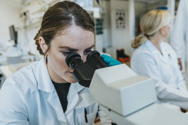Assistentin, die einen Objektträger mit menschlichem Gehirn unter dem Mikroskop analysiert, während sie mit einem Wissenschaftler im Hintergrund im Labor sitzt - MFF06492