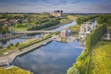 Belgium, Hainaut Province, Aerial view of historical boat lift on Canal du Centre with Strepy-Thieu lift in background - HAMF00743