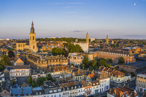 France, Nord, Cambrai, Aerial view of city at dusk - HAMF00750