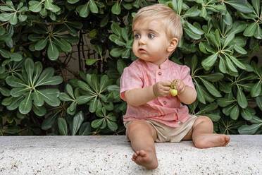 Cute baby eating fruit while sitting on retaining wall of park - DLTSF01418