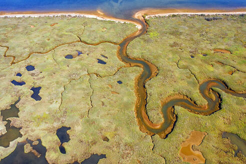 Spain, Andalusia, Aerial view of green marsh in Marismas del Odiel nature reserve - DSGF02260