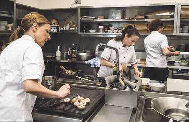 Köchinnen bei der Zubereitung von Speisen in einer Großküche eines Restaurants - MASF20137