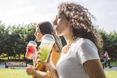 Freundinnen trinken frische Limonaden beim Spaziergang im Park an einem sonnigen Tag - VYF00145