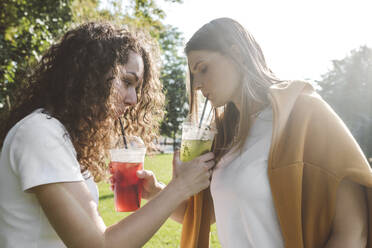 Beautiful female friends sharing lemonades at park on sunny day - VYF00146