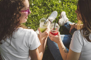 Frauen stoßen an einem sonnigen Tag im Park mit frischer Limonade in Einwegbechern an - VYF00148