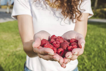 Junge Frau mit frischen Himbeeren im Park an einem sonnigen Tag - VYF00154