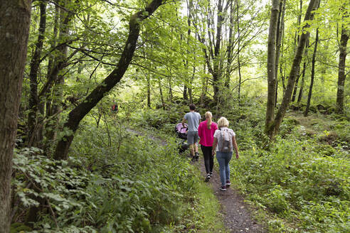 Familie zu Fuß mit Kinderwagen im Wald - SKF01592