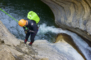 Canyoneering Sorrosal Canyon in the Pyrenees, Broto village, Huesca Province in Spain. - CAVF89875