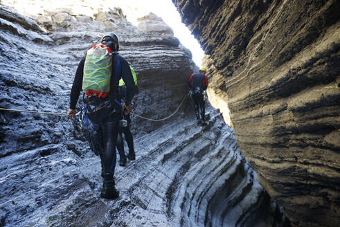 Canyoneering Sorrosal Canyon in the Pyrenees, Broto village, Huesca Province in Spain. - CAVF89877