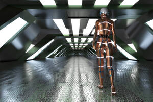 3D gerenderte Illustration, ein weiblicher Cyborg in Science-Fiction-Innenraumumgebung - SPCF01085