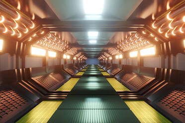 3D gerenderte Illustration, Innenraum eines beleuchteten, leuchtenden Raumschiffkorridors - SPCF01086