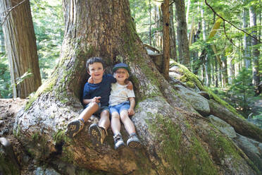 Porträt von zwei Freunden, die in der Wurzelspalte eines alten Wachstumsbaums sitzen. - CAVF89916