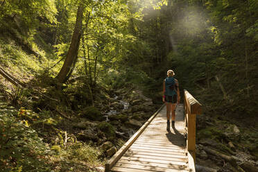 Female hiker crossing wooden bridge stretching over forest stream in summer - SKF01602